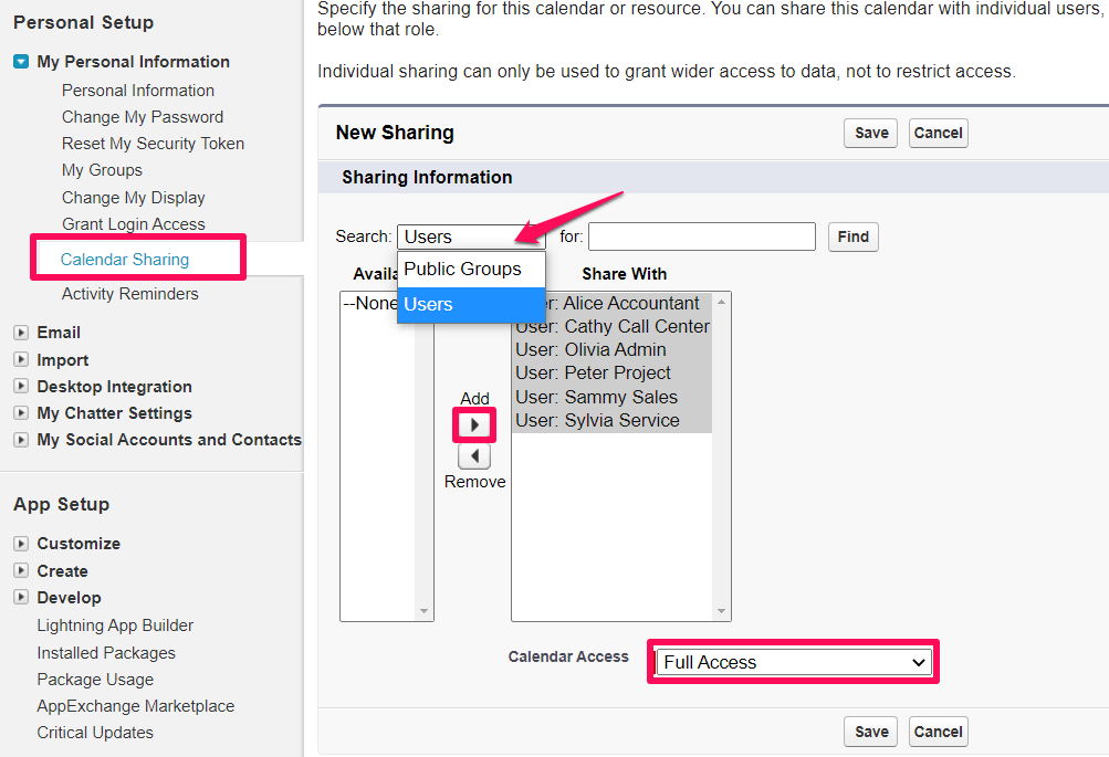 Calendar Sharing Full Access To Users, Roles and Public Groups